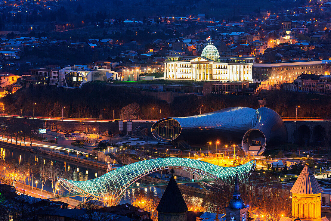 City view including Presidential Palace, Bridge of Peace on Mtkvari River. Tbilisi, Georgia, Caucasus, Central Asia, Asia