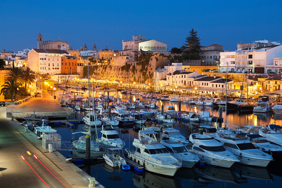View over harbour and Ayuntamiento de Ciutadella at night, Ciutadella, Menorca, Balearic Islands, Spain, Mediterranean, Europe