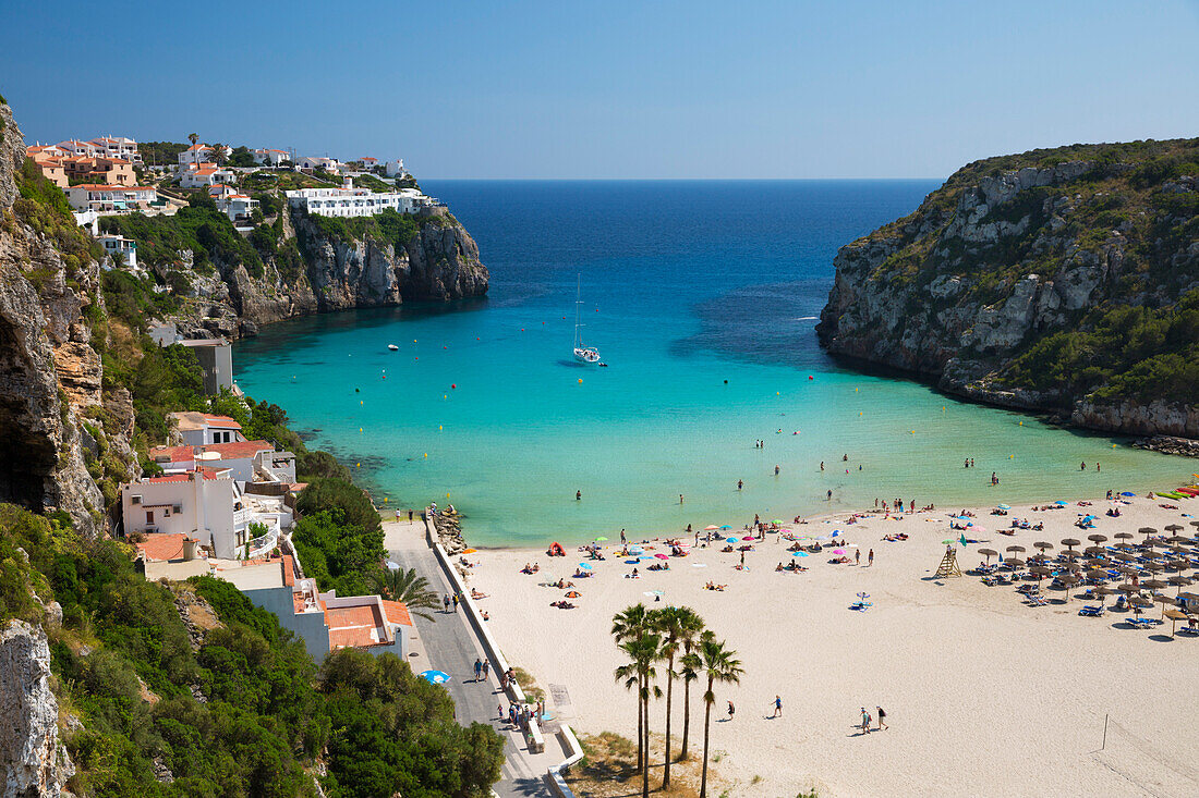 View over beach, Cala en Porter, south east Coast, Menorca, Balearic Islands, Spain, Mediteranean, Europe