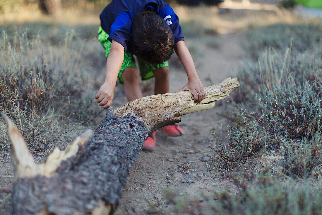 A little boy drags a log of wood over the ground.