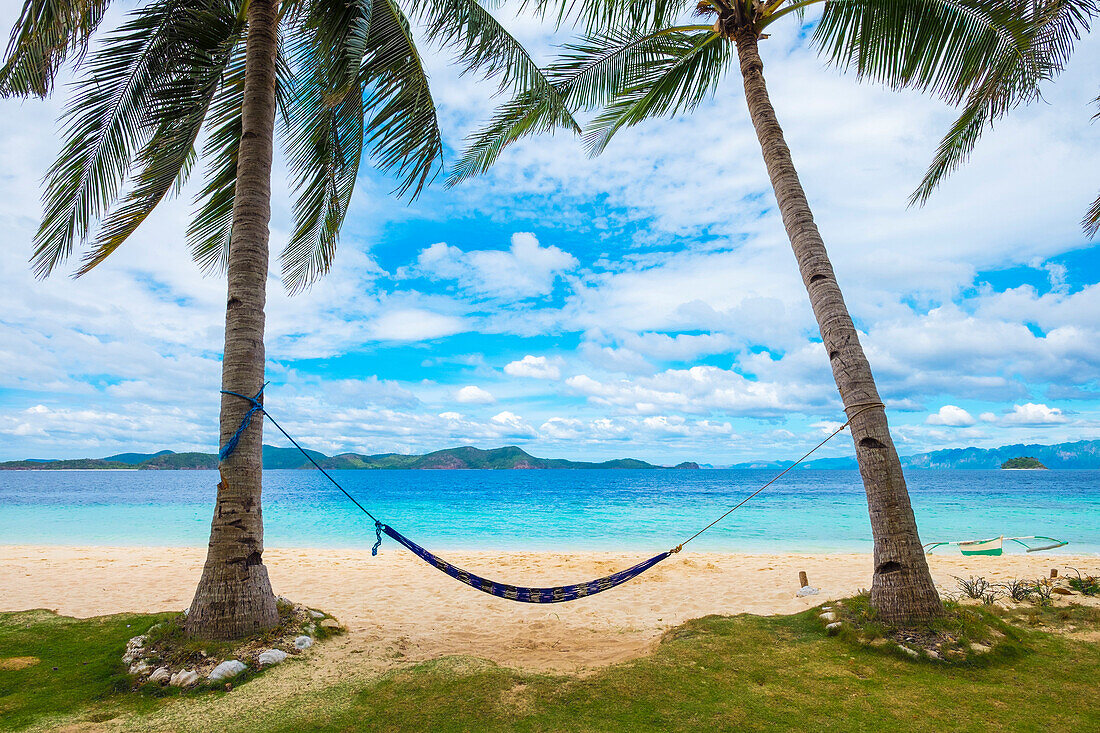Empty hammock between two palm trees on tropical island