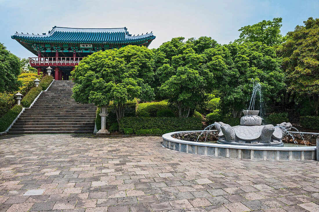 Temple at Cheonjeyeon falls on Jeju Island