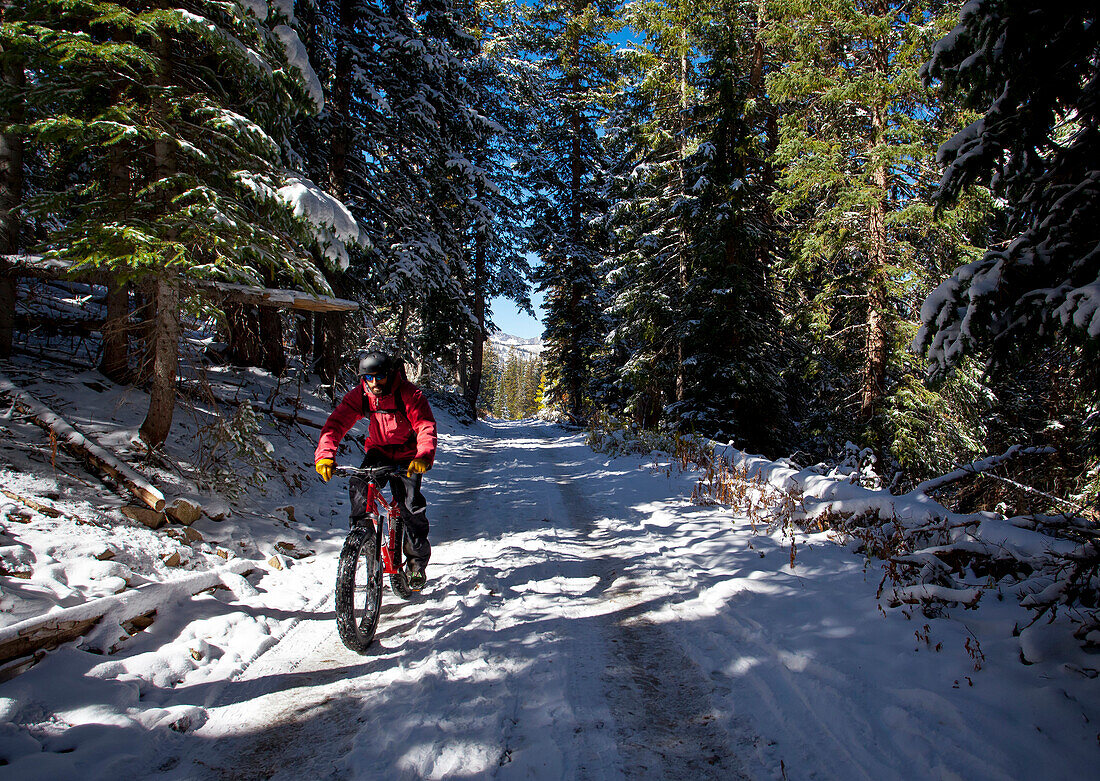 A man wearing a red jacket rides his fat tire bike through a sun spot on a snow covered logging road in the woods.