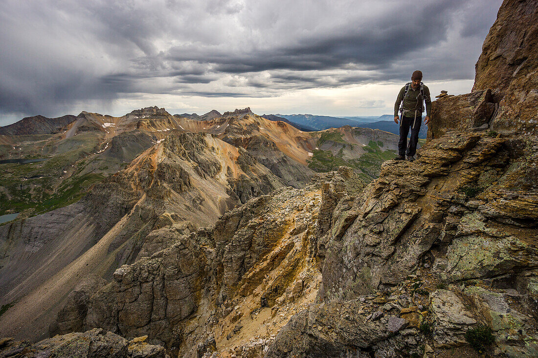 a man on U S Grant peak in the San Juan Mountains, Colorado.