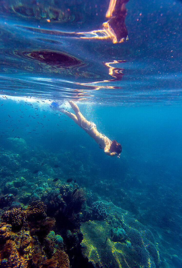 Young woman snorkeling in ocean.