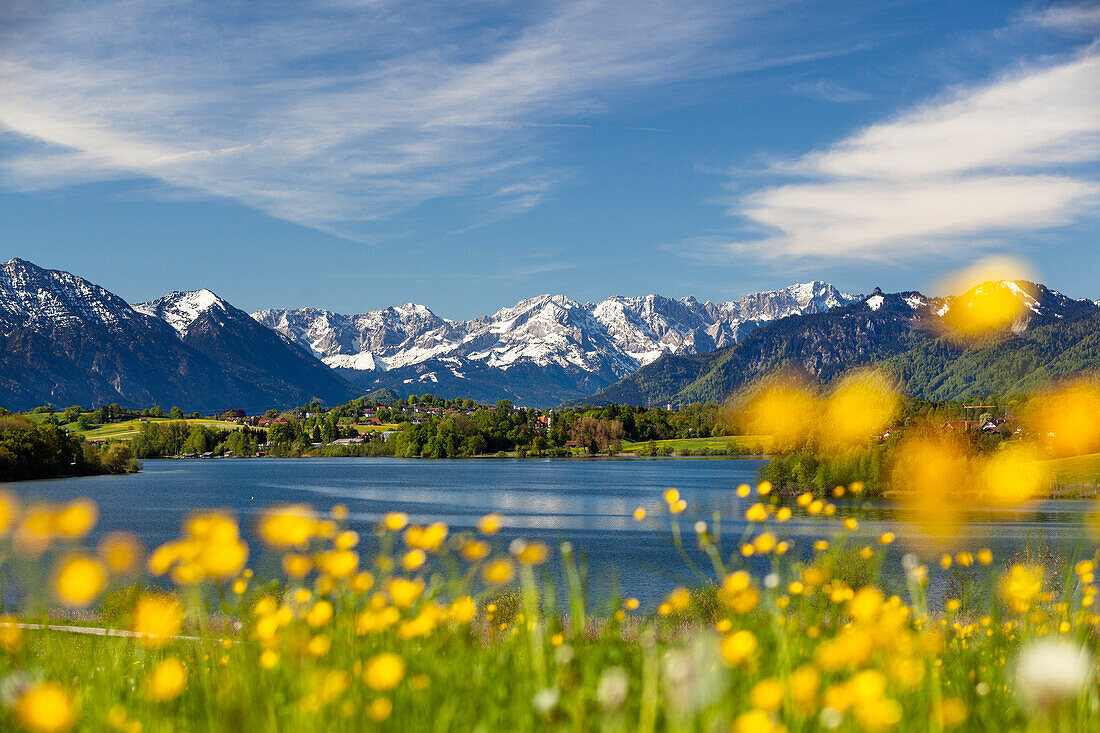 lake Riegsee with Alps, Upper Bavaria, Germany