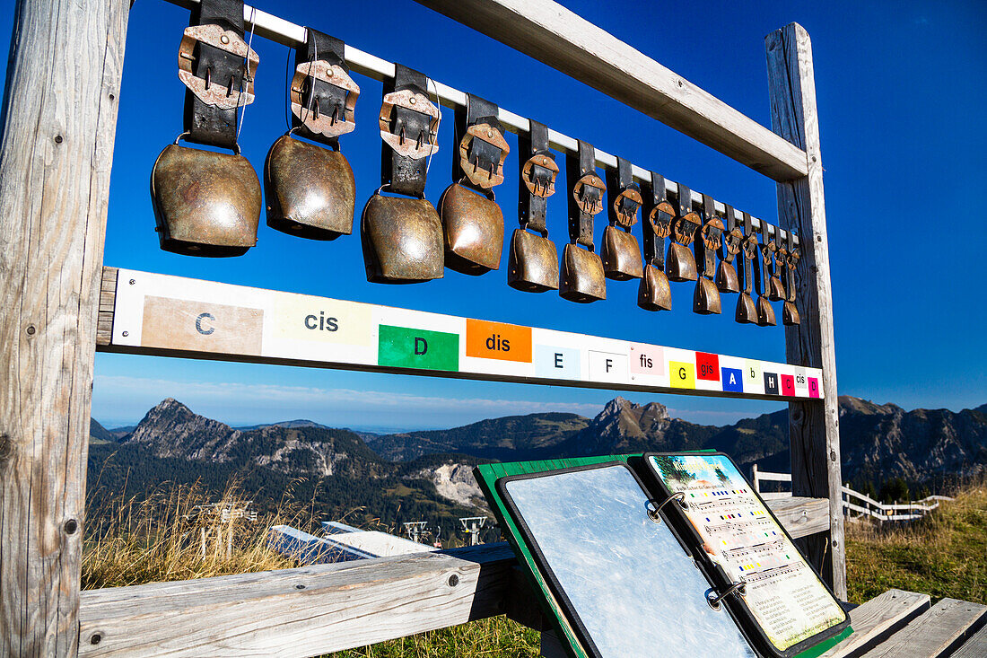 Glockenspiel mit Kuhglocken auf dem Neunerköpfle, Tannheimer Tal, Allgäuer Alpen, Österreich