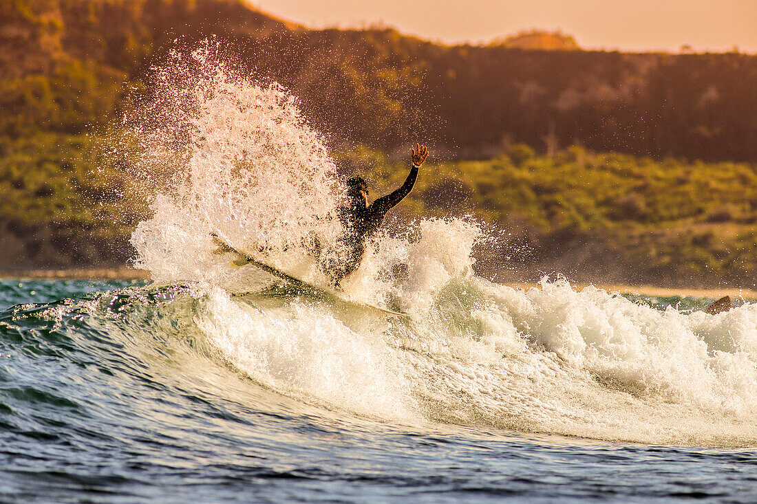 Surfing a wave at sunset time