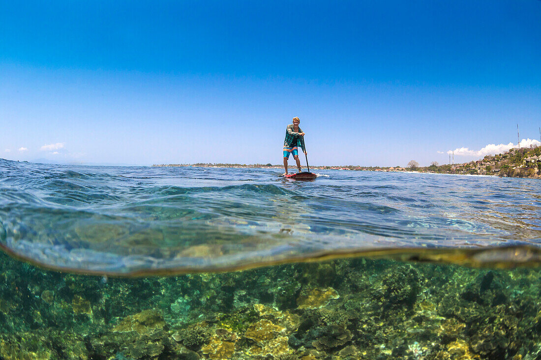 Sup surfing in tropical water.