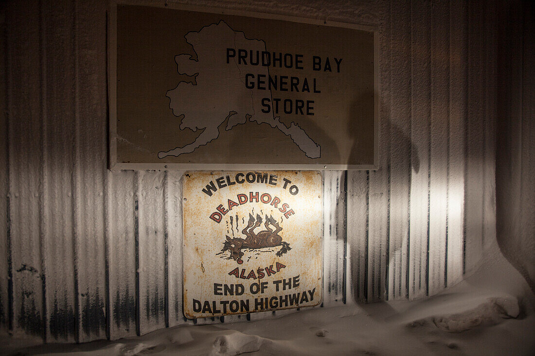 Sign at the end of Dalton Highway, Deadhorse, Prudhoe Bay, North Slope Borough, Alaska, USA