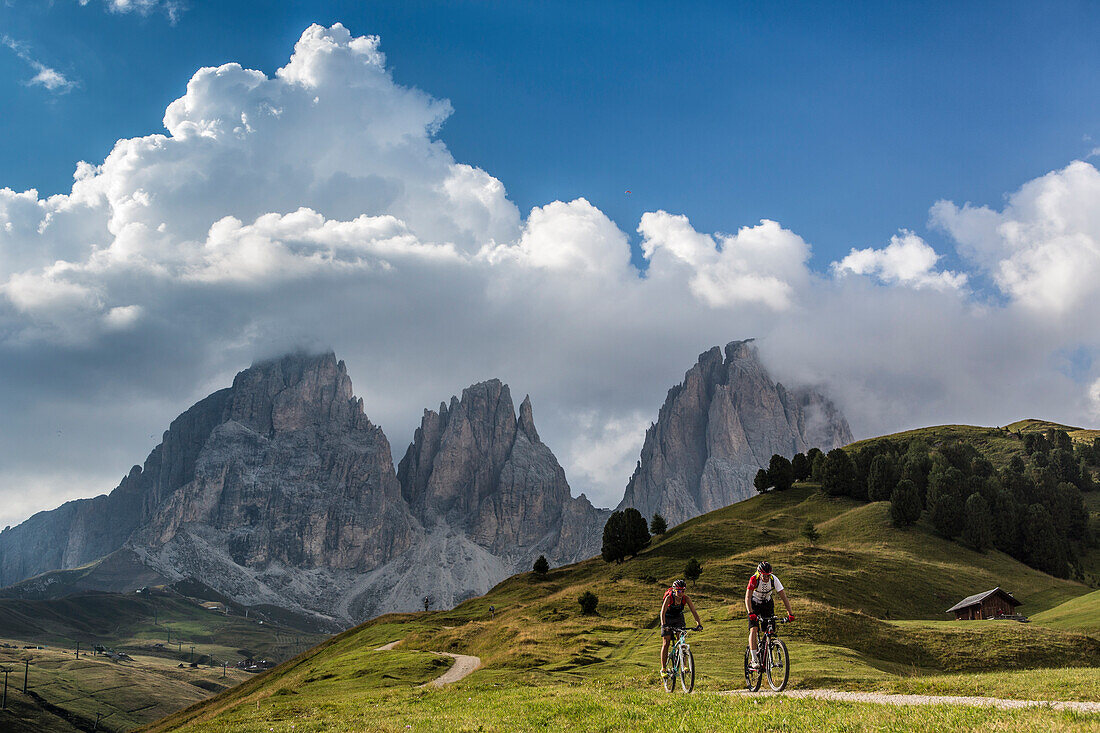 Mountainbiker am Col Rodella, dahinter Langkofel, Trentino-Südtirol, Italien