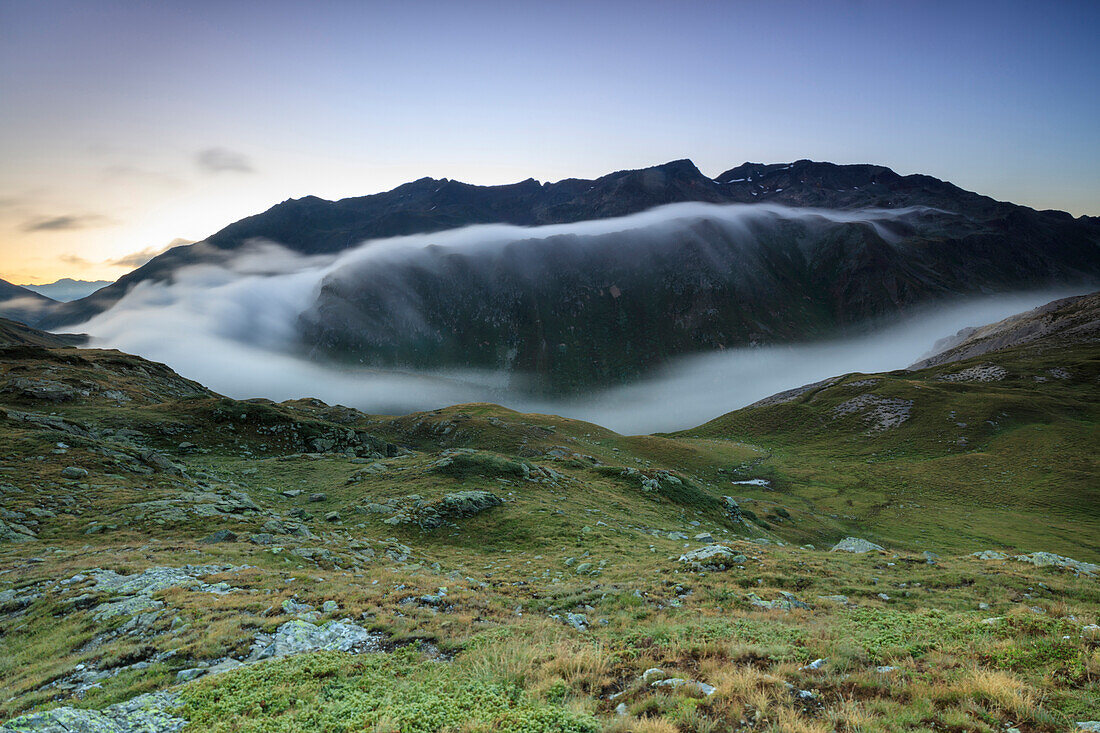Mist at sunrise, Minor Valley, Alta Valtellina, Livigno, Lombardy, Italy, Europe