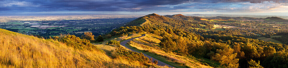 The winding footpath through the Malvern hills in autumn, Worcestershire, England, United Kingdom, Europe