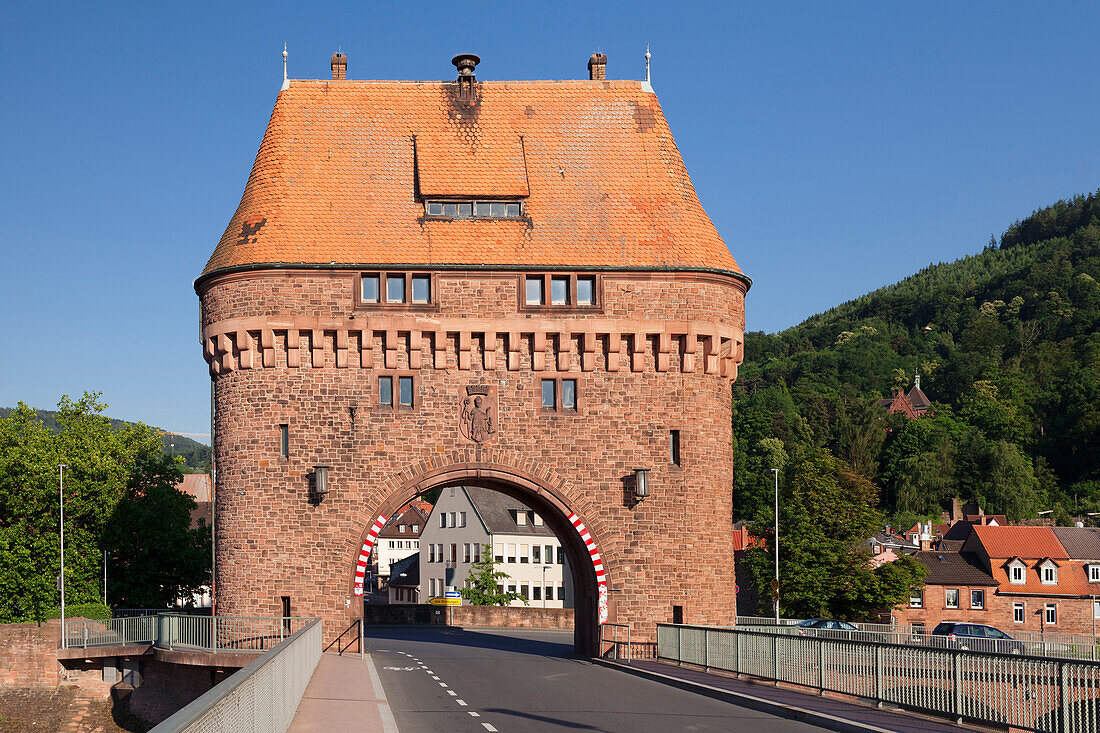 Bridge Gate on a bridge over the Main River, Miltenberg, Franconia, Bavaria, Germany, Europe