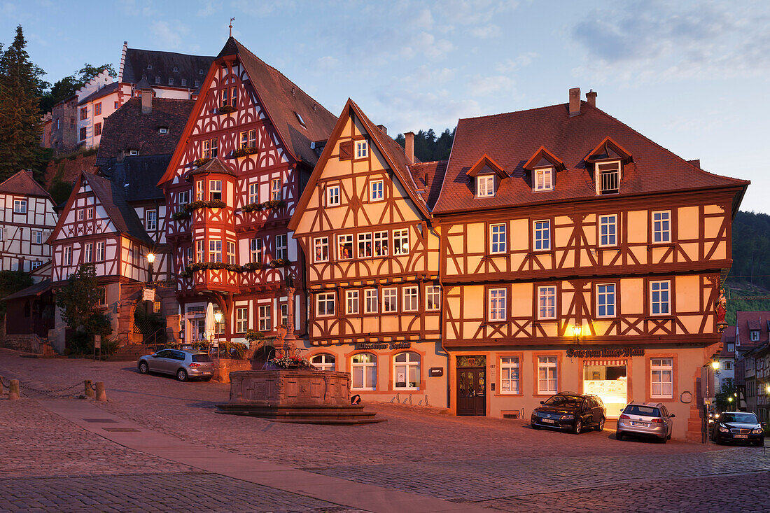Market Square with half-timbered houses and Mildenburg Castle, old town of Miltenberg, Franconia, Bavaria, Germany, Europe