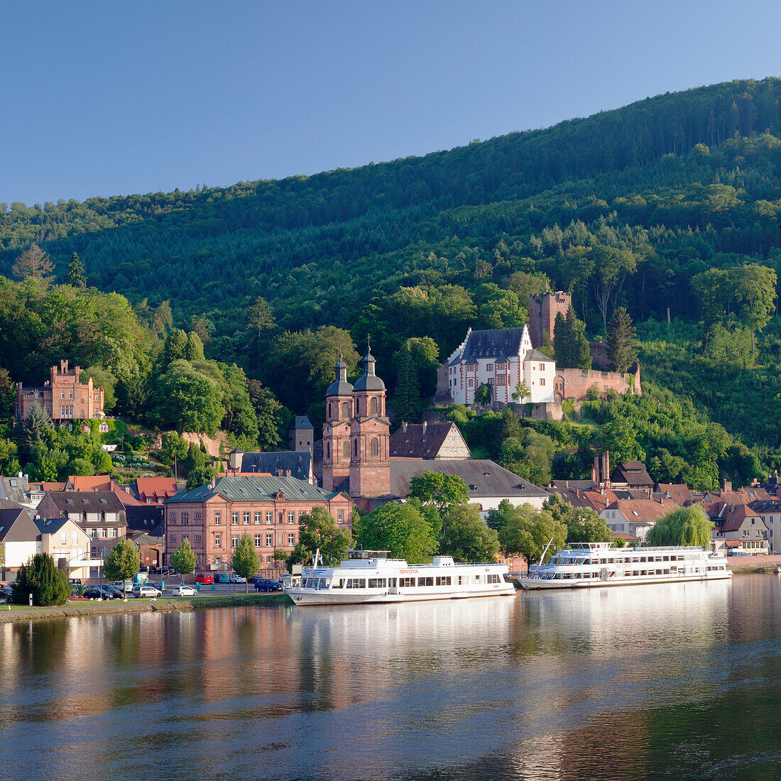 Mildenburg Castle and Parish Church of St. Jakobus, excursion boats on Main River, old town of Miltenberg, Franconia, Bavaria, Germany, Europe