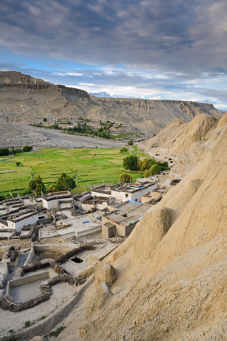 Dhigaon, tibetische Ortschaft mit buddhistischem Kloster im Kali Gandaki Tal, dem tiefsten Tal der Welt, fruchtbare Felder gibt es in der Hochwueste nur durch ein ausgekluegeltes Bewaesserungssystem, Mustang, Nepal, Himalaya, Asien