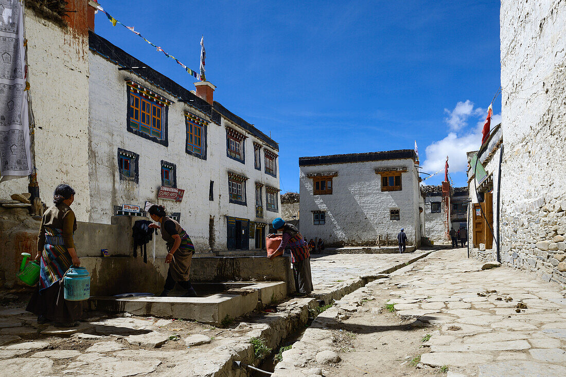 Main square in front of the King's Palace in Lo Manthang (3840 m), former capital of the Kingdom of Mustang and residence of the King Raja Jigme Dorje Palbar Bista at the Kali Gandaki valley, the deepest valley in the world, fertile fields are only possib