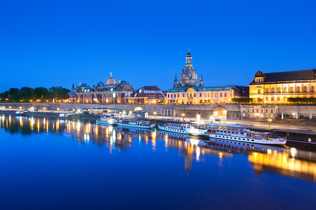 View from Augustus bridge over the Elbe river towards Bruehlsche Terrasse and Frauenkirche, Dresden, Saxony, Germany