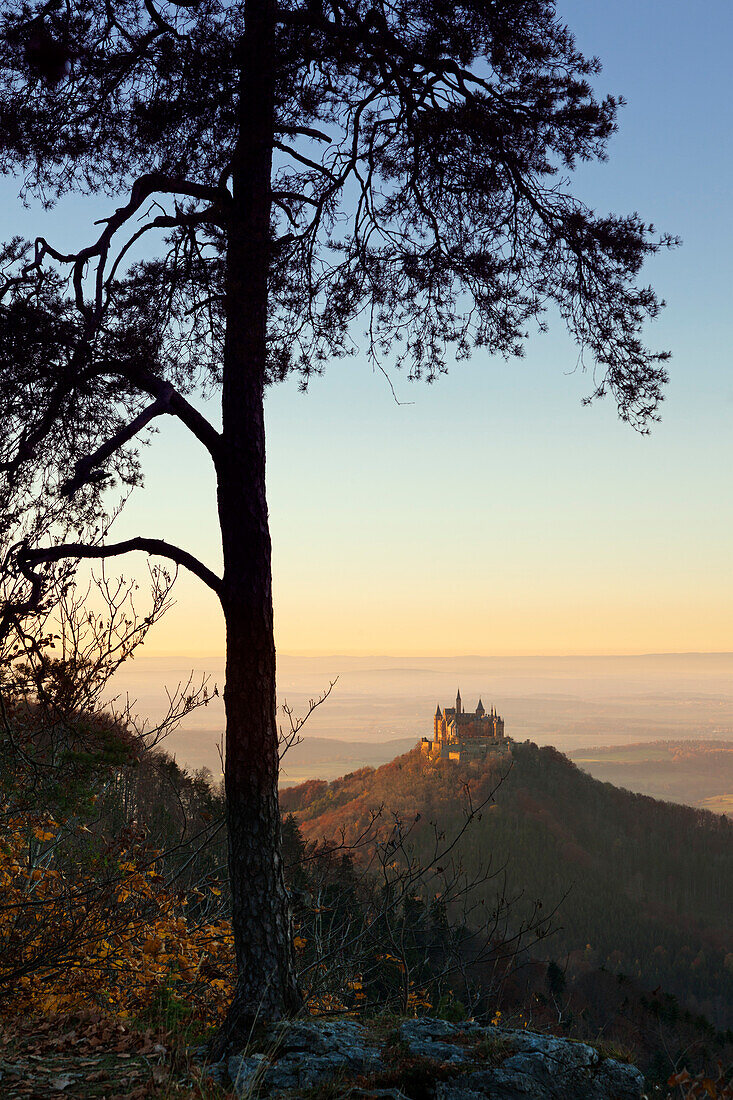 Blick zur Burg Hohenzollern, bei Hechingen, Schwaebische Alb, Baden-Wuerttemberg, Deutschland