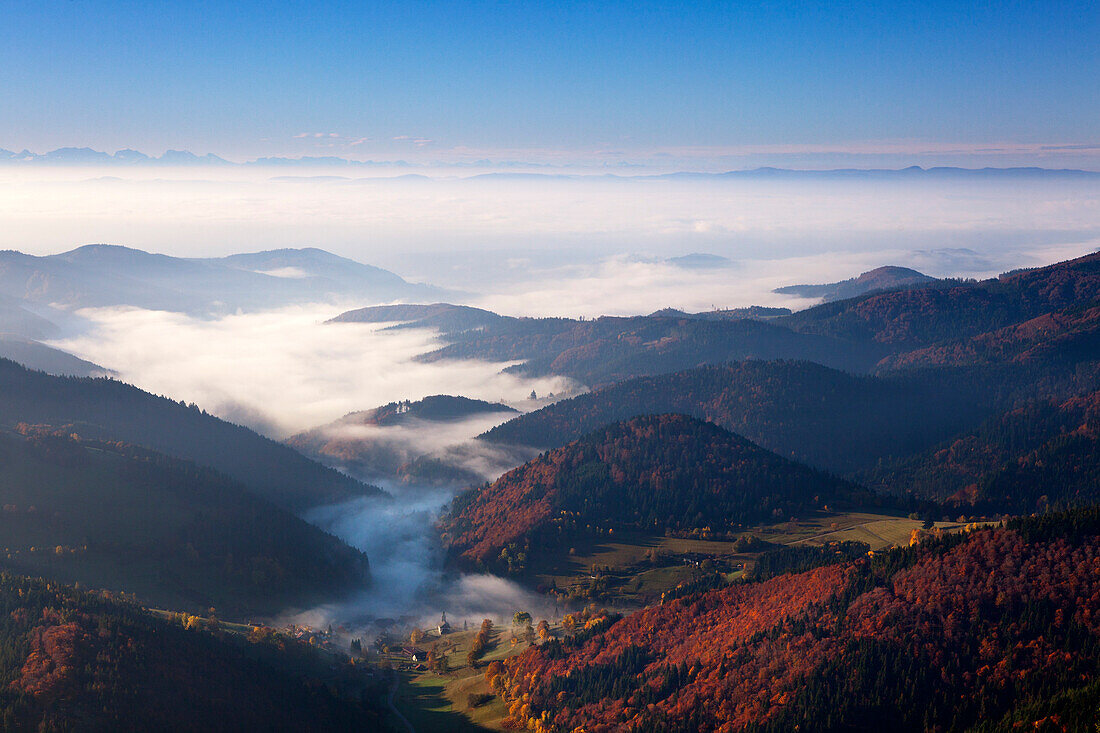 Fog over Kleines Wiesental, view from Belchen towards the Alps, Black Forest, Baden-Wuerttemberg, Germany