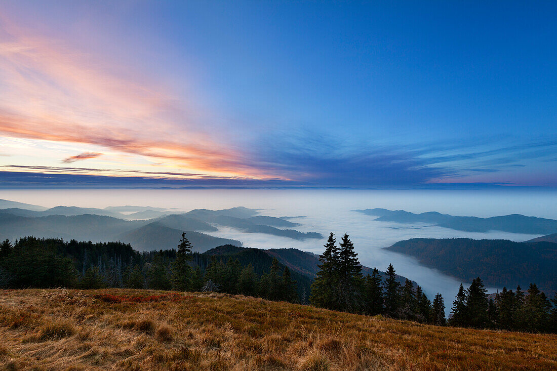 Nebel im Rheintal, Blick vom Belchen ueber das Muenstertal und das Rheintal bis zu den Vogesen, Suedlicher Schwarzwald, Baden-Wuerttemberg, Deutschland
