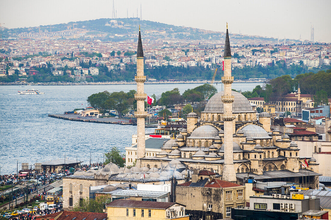 New Mosque Yeni Cami with Bosphorus Strait behind, Istanbul, Turkey, Europe