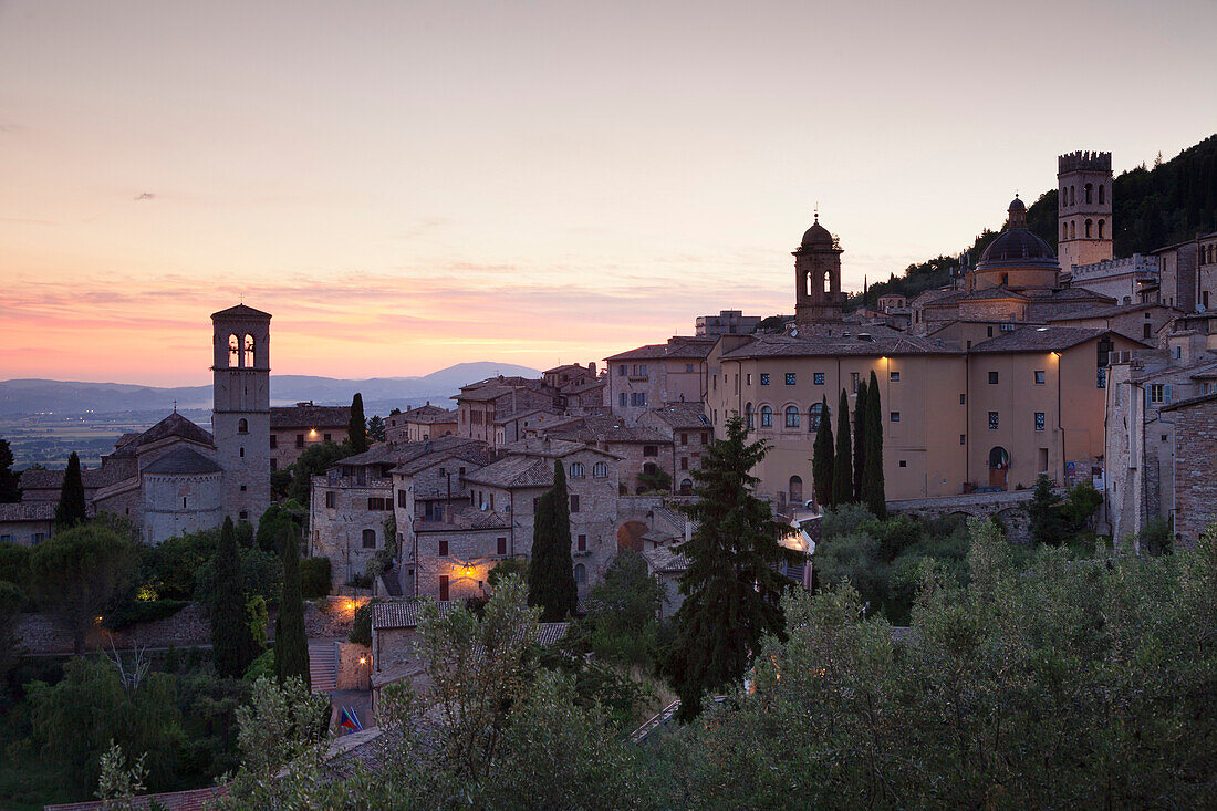 Assisi at sunset, Assisi, Perugia District, Umbria, Italy, Europe