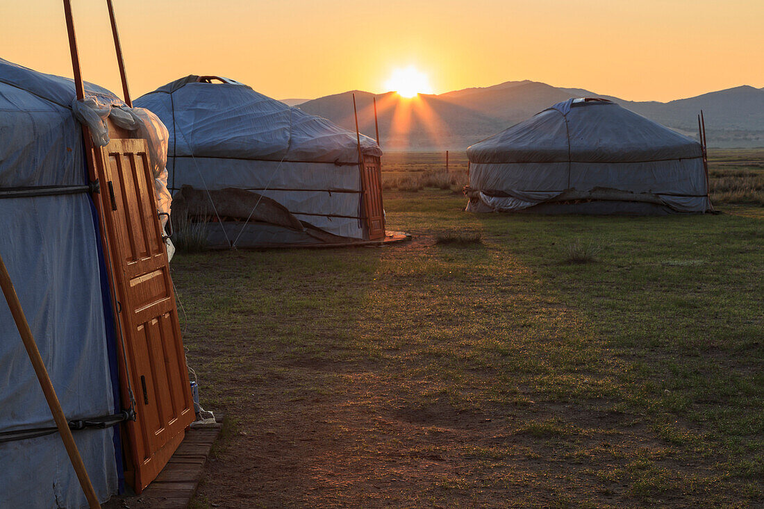 Sunrise over gers in summer, Nomad camp, Gurvanbulag, Bulgan, Northern Mongolia, Central Asia, Asia