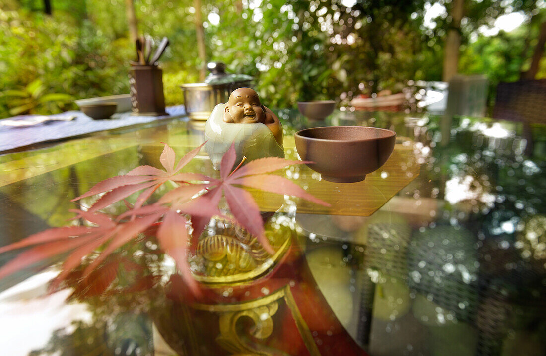 Traditional elements of Chinese culture on a glass table, Hangzhou, Zhejiang, China, Asia