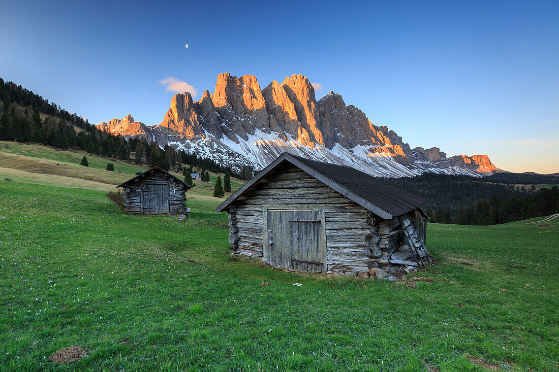 The group of Odle views from Gampen Malga at dawn, Funes Valley, Dolomites, South Tyrol, Italy, Europe