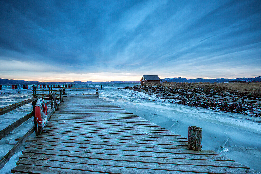 The wooden deck in the icy sea, Kystensarv, Trondelag, Norway, Scandinavia, Europe