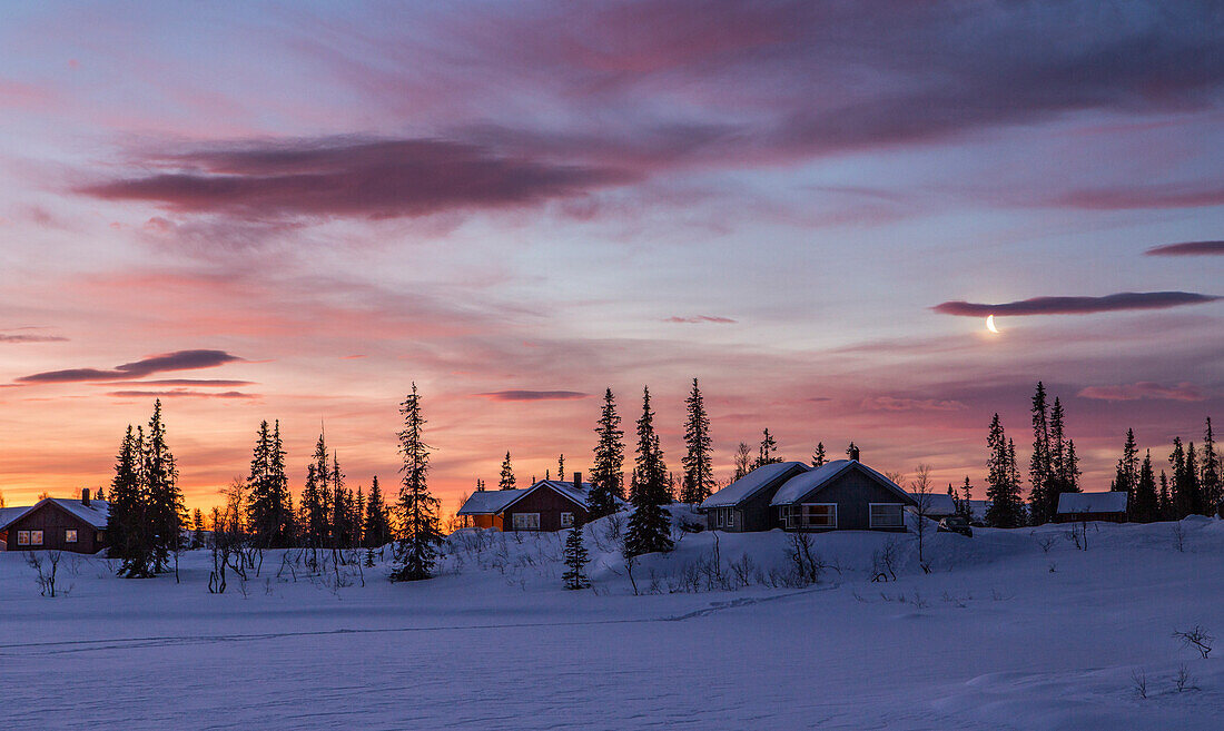 Pink sky at sunrise, Rorvik, Borgefjell National Park, Trondelag, Norway, Scandinavia, Europe