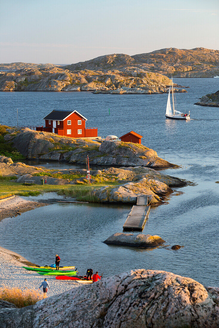 View over red Swedish house and islands of archipelago, Skarhamn, Tjorn, Bohuslan Coast, southwest Sweden, Sweden, Scandinavia, Europe