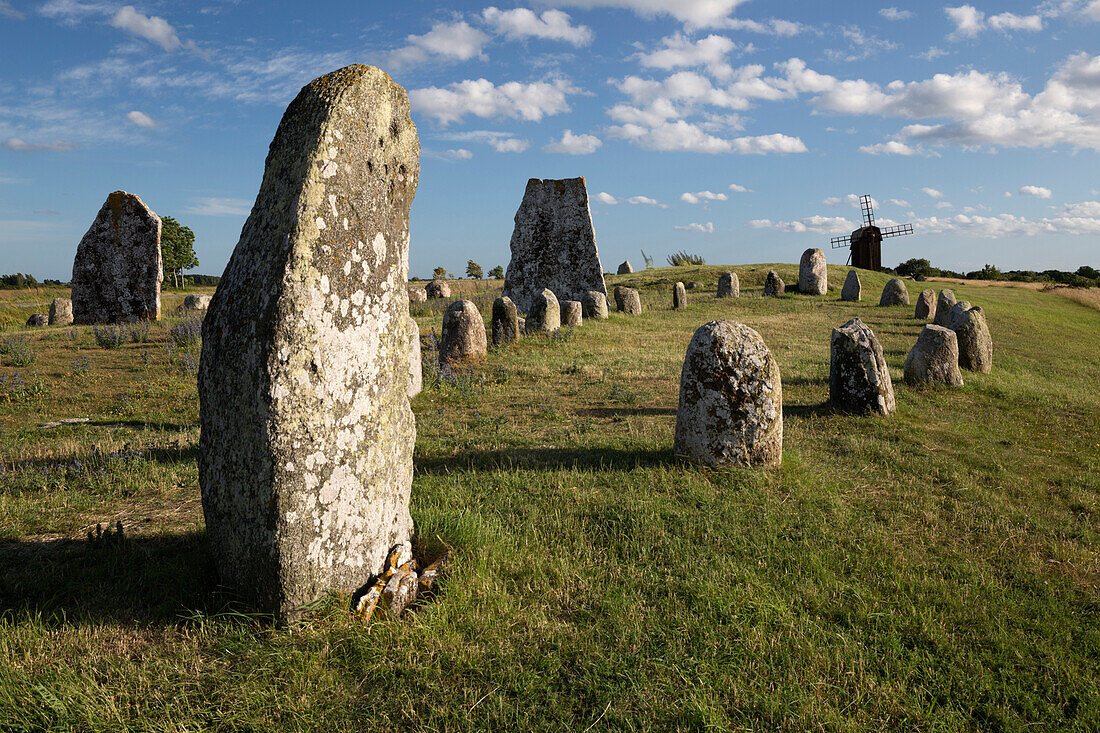 Viking stone ship burial ground of Gettlinge and windmill, Gettlinge, Oland, Southeast Sweden, Sweden, Scandinavia, Europe