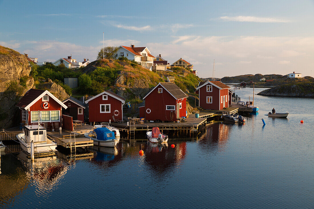 Red fishermen's huts by harbour and archipelago, Stocken, Orust, Bohuslan Coast, Southwest Sweden, Sweden, Scandinavia, Europe