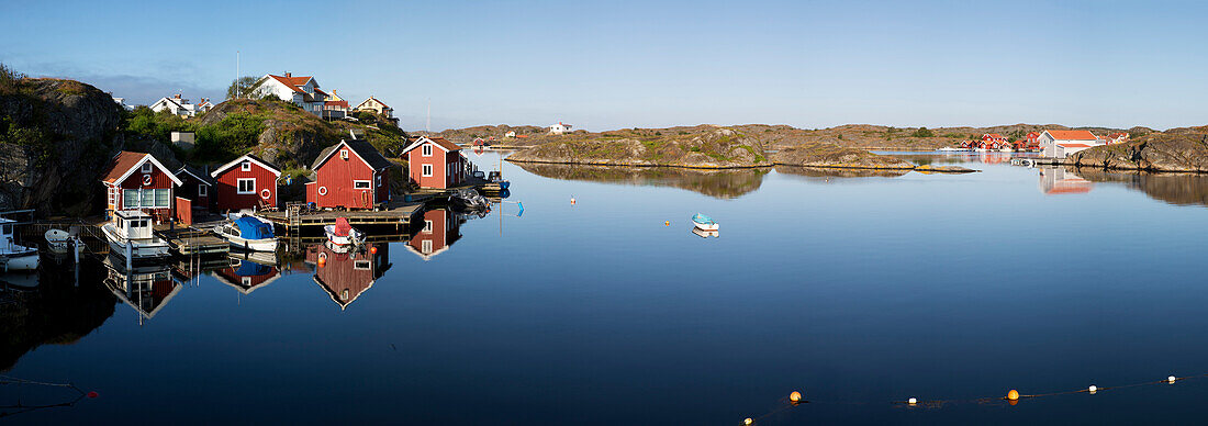 Red fishermen's huts and islands in archipelago, Stocken, Orust, Bohuslan Coast, Southwest Sweden, Sweden, Scandinavia, Europe