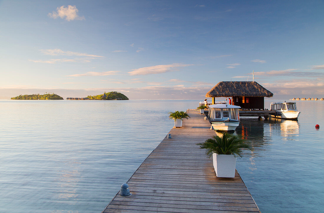 Jetty of Sofitel Hotel with Sofitel Private Island in background, Bora Bora, Society Islands, French Polynesia, South Pacific, Pacific