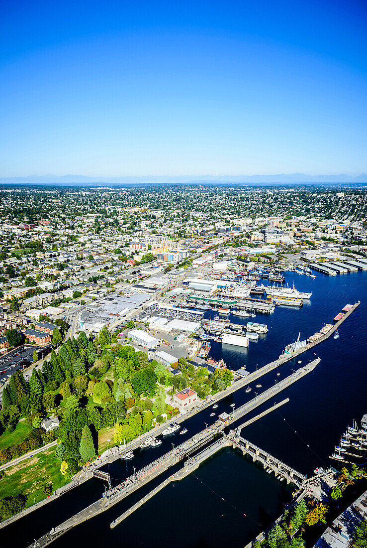 Aerial view of Ballard Locks in Seattle cityscape, Washington, United States