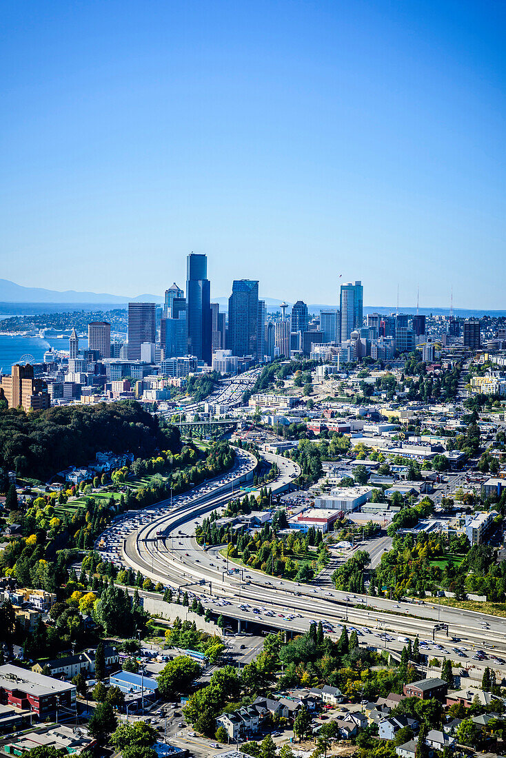 Aerial view of highway and Seattle cityscape, Washington, United States