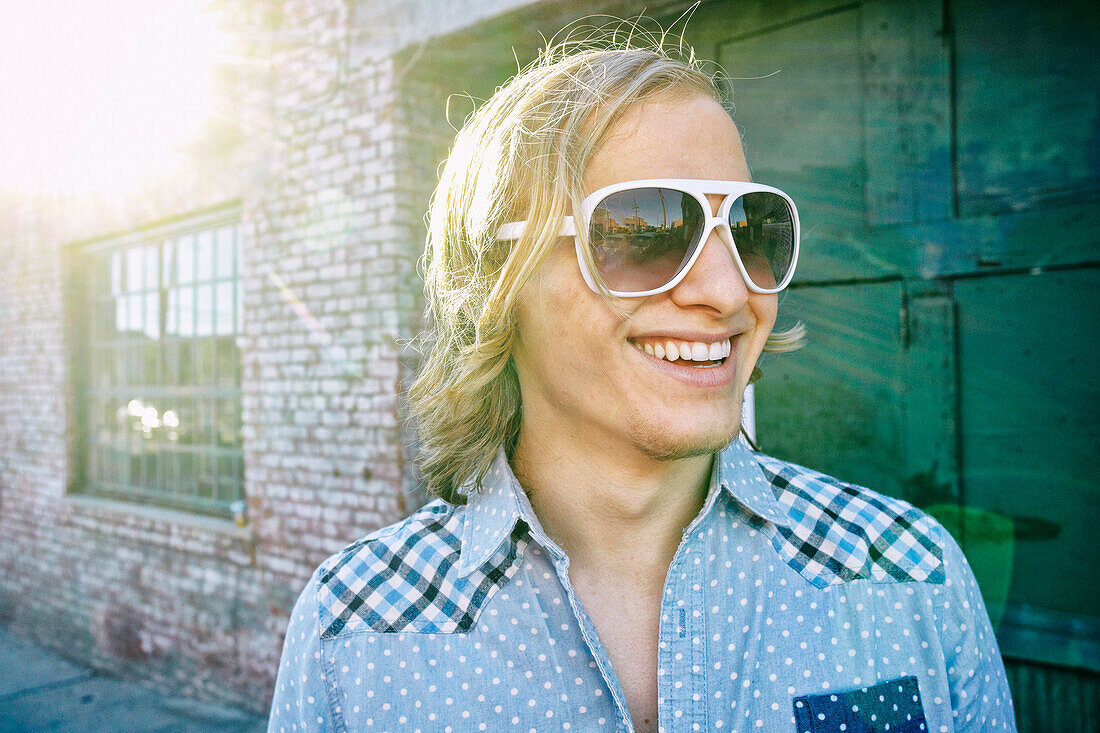 Caucasian man smiling outdoors