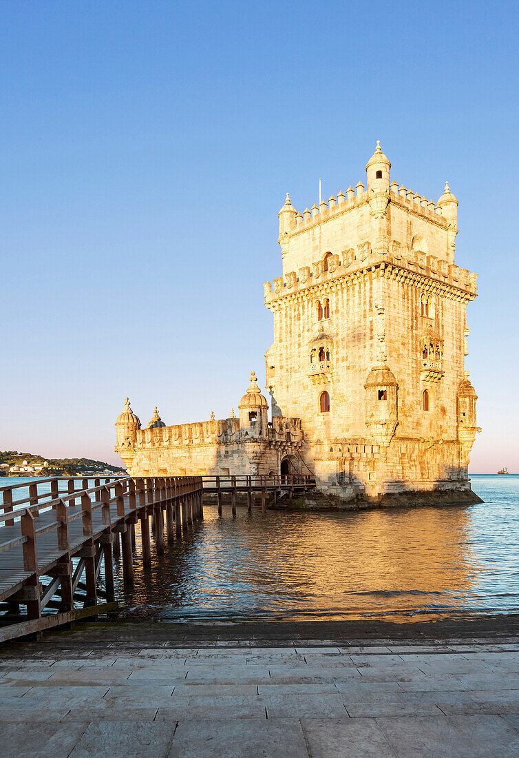 Belem Tower and pier on water, Lisbon, Lisbon, Portugal