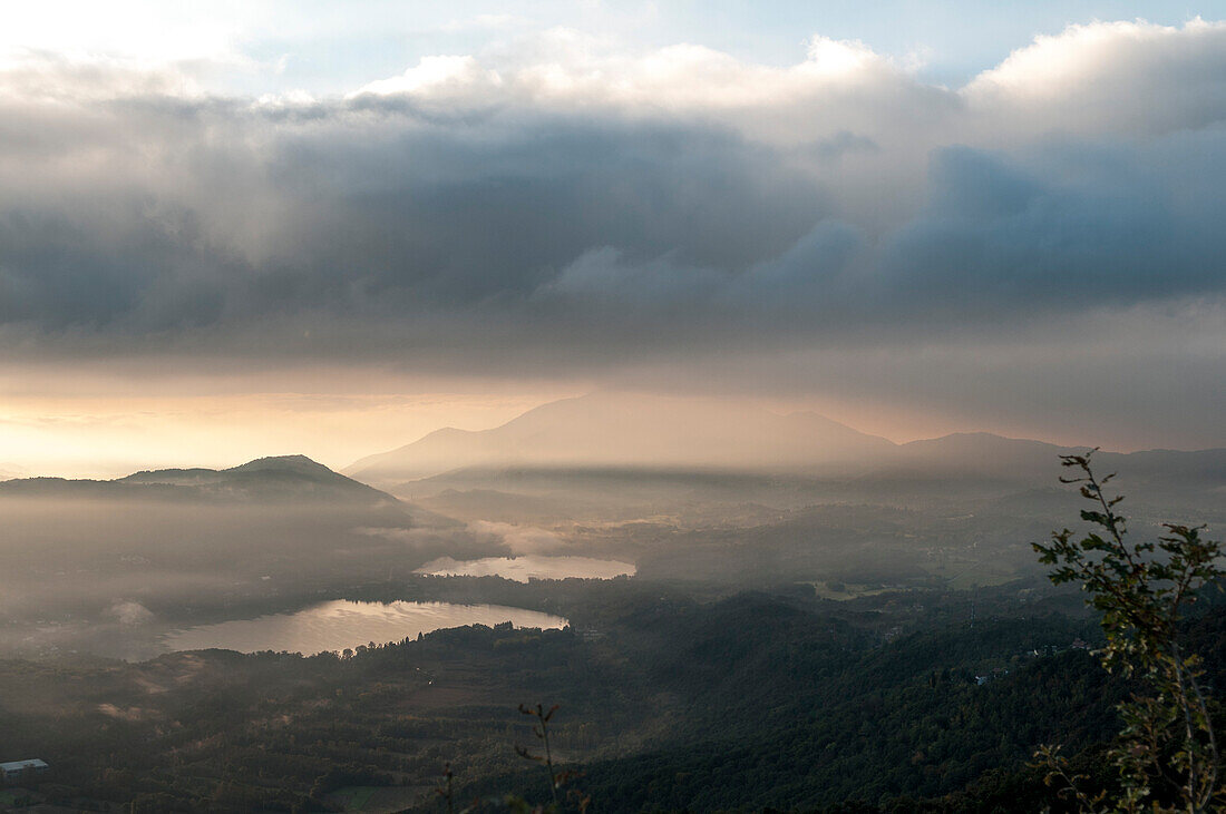 Lakes with Fog and Clouds at Sunrise, Avigliana, Italy