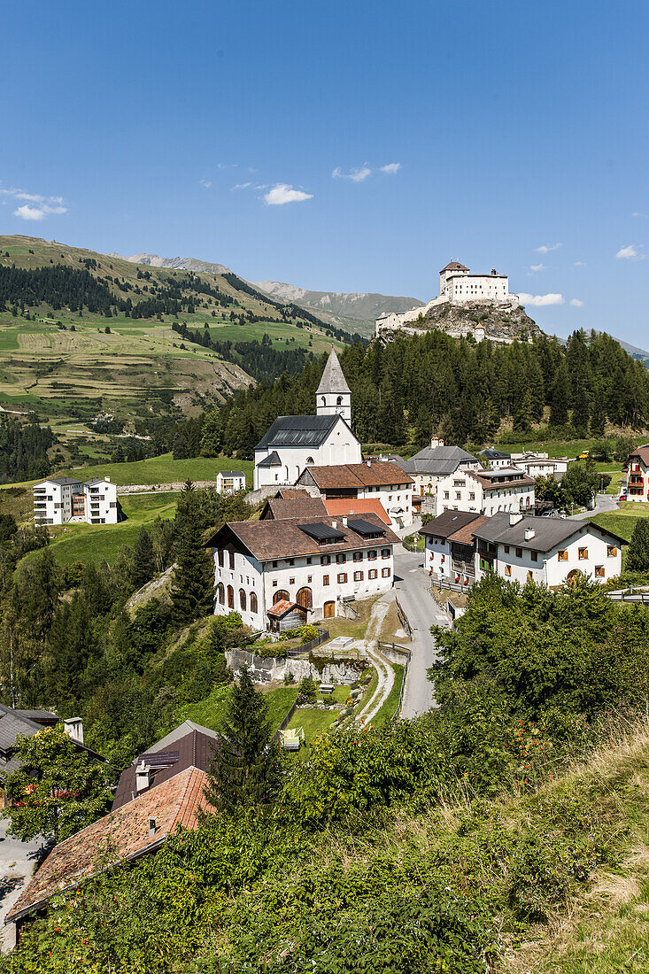 Castle Tarasp and village, Scoul, Unterengadin, Grisons, Switzerland