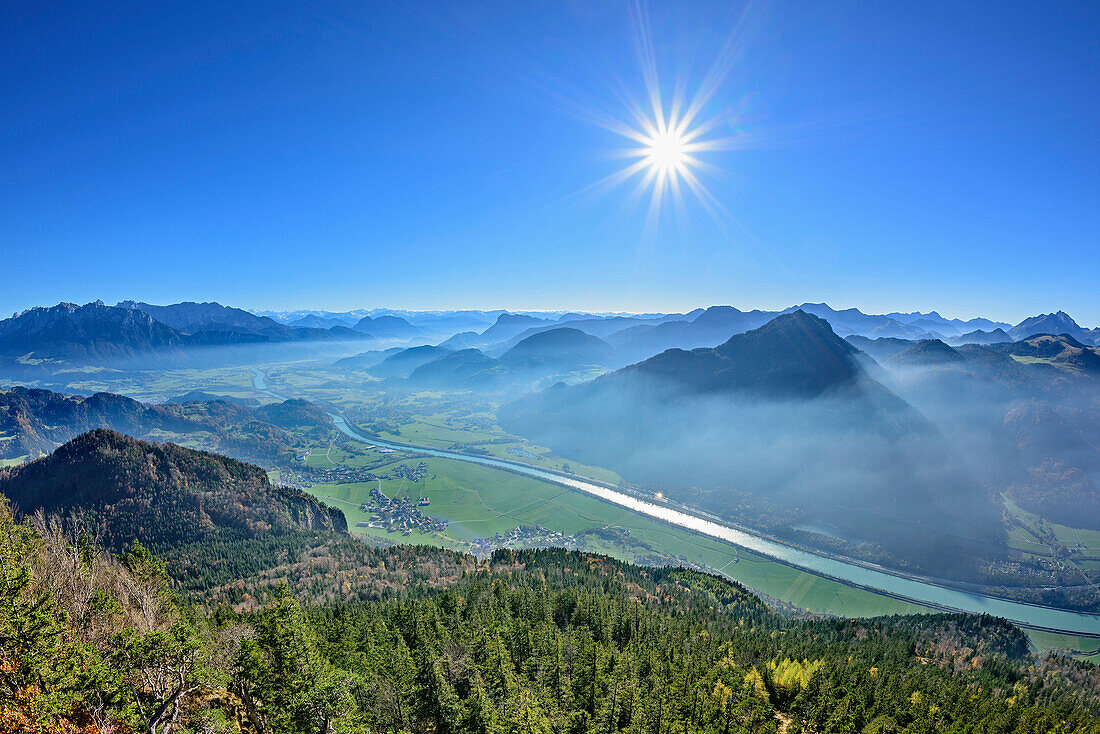 Kaiser range, valley of Inn and Mangfall range with Wildbarren, view from Kranzhorn, Kranzhorn, Chiemgau Alps, Upper Bavaria, Bavaria, Germany