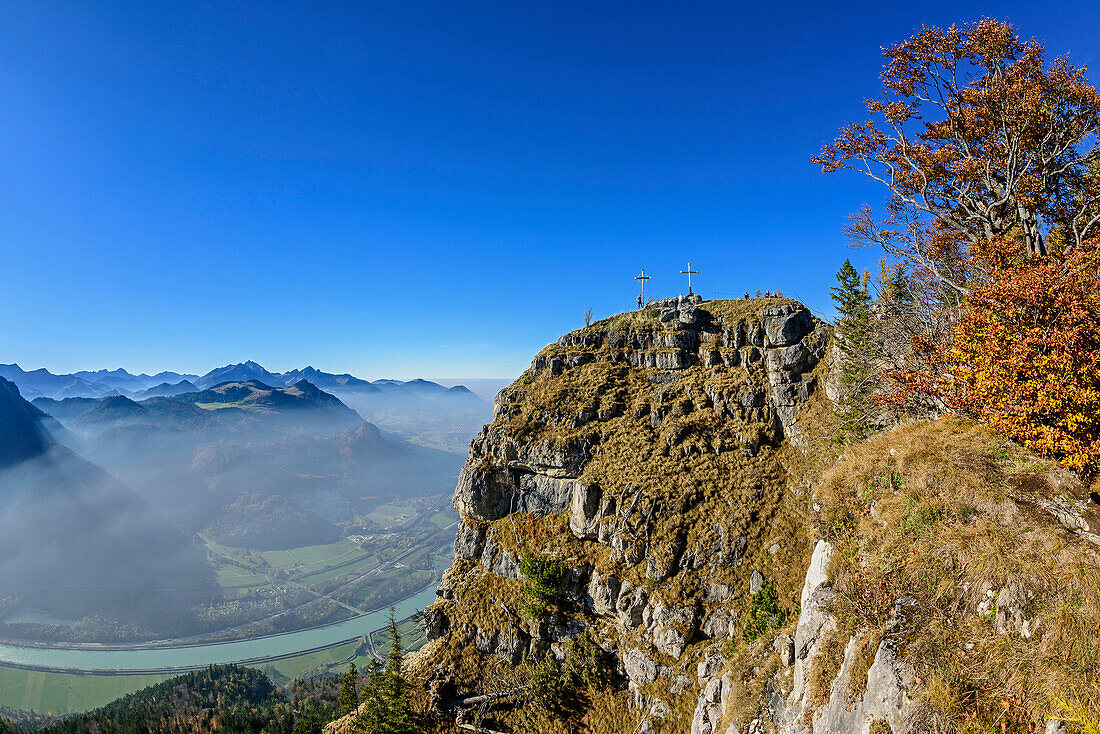 Summit of Kranzhorn above valley of Inn, Mangfall range with Wendelstein in background, view from Kranzhorn, Kranzhorn, Chiemgau Alps, Upper Bavaria, Bavaria, Germany