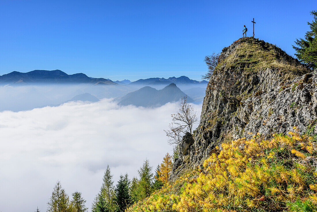 Person standing at summit of Rehleitenkopf with fog in the valley of Inn and Mangfall range, Rehleitenkopf, Mangfall range, Bavarian Alps, Upper Bavaria, Bavaria, Germany