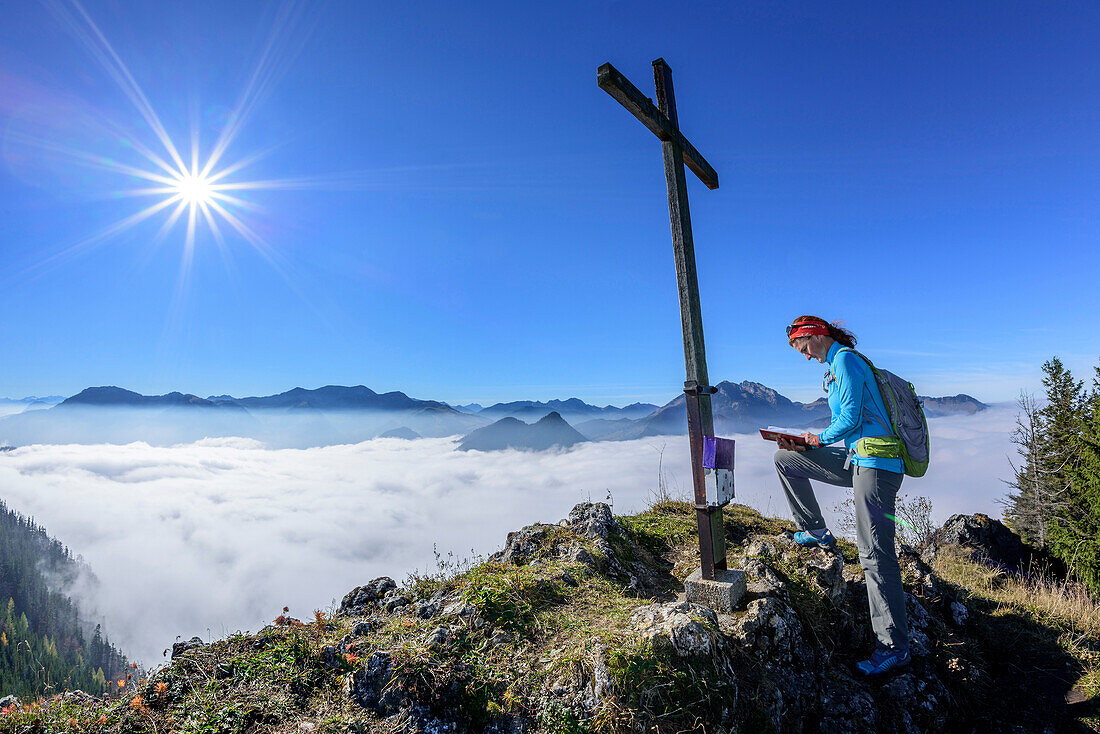 Woman writing into book at summit of Rehleitenkopf, fog in the valley of Inn and Mangfall range with Wendelstein in background, Rehleitenkopf, Mangfall range, Bavarian Alps, Upper Bavaria, Bavaria, Germany
