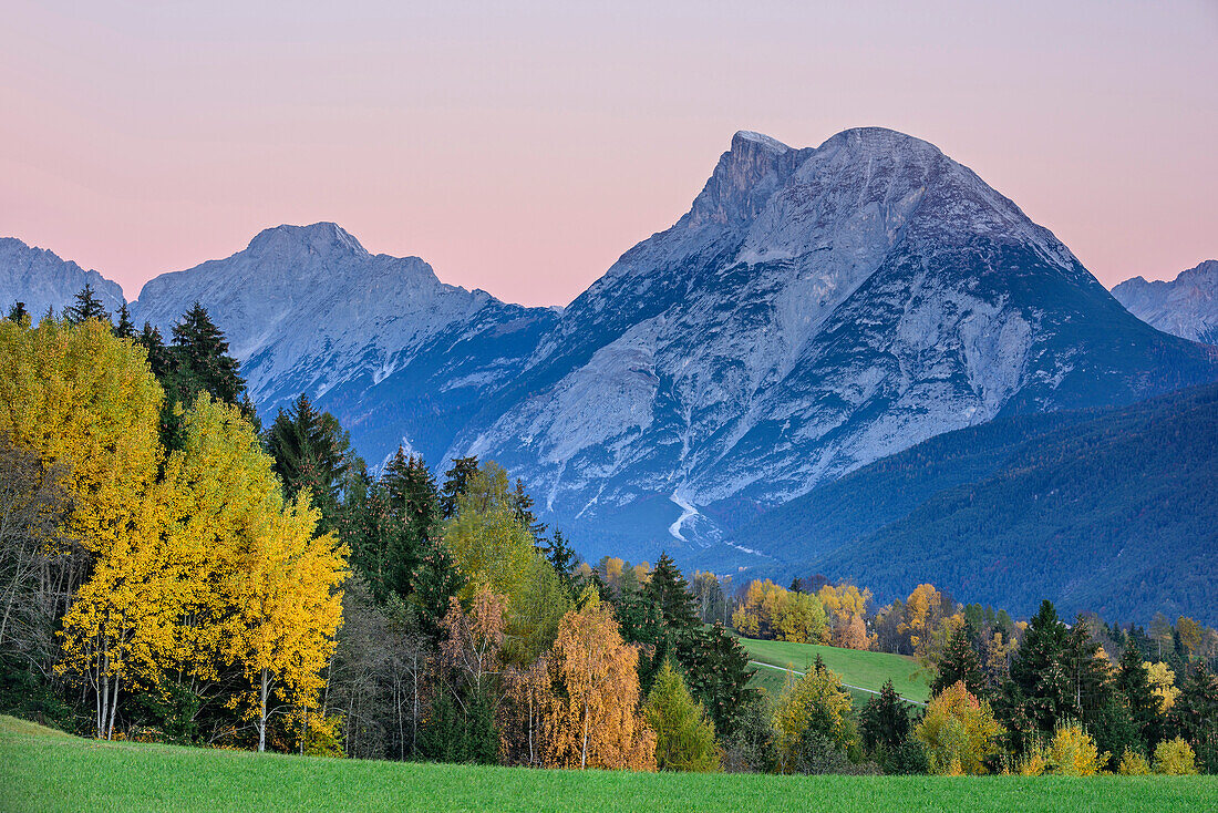 Hohe Munde mit herbstlich verfärbten Bäumen, Inntal, Mieminger Berge, Tirol, Österreich