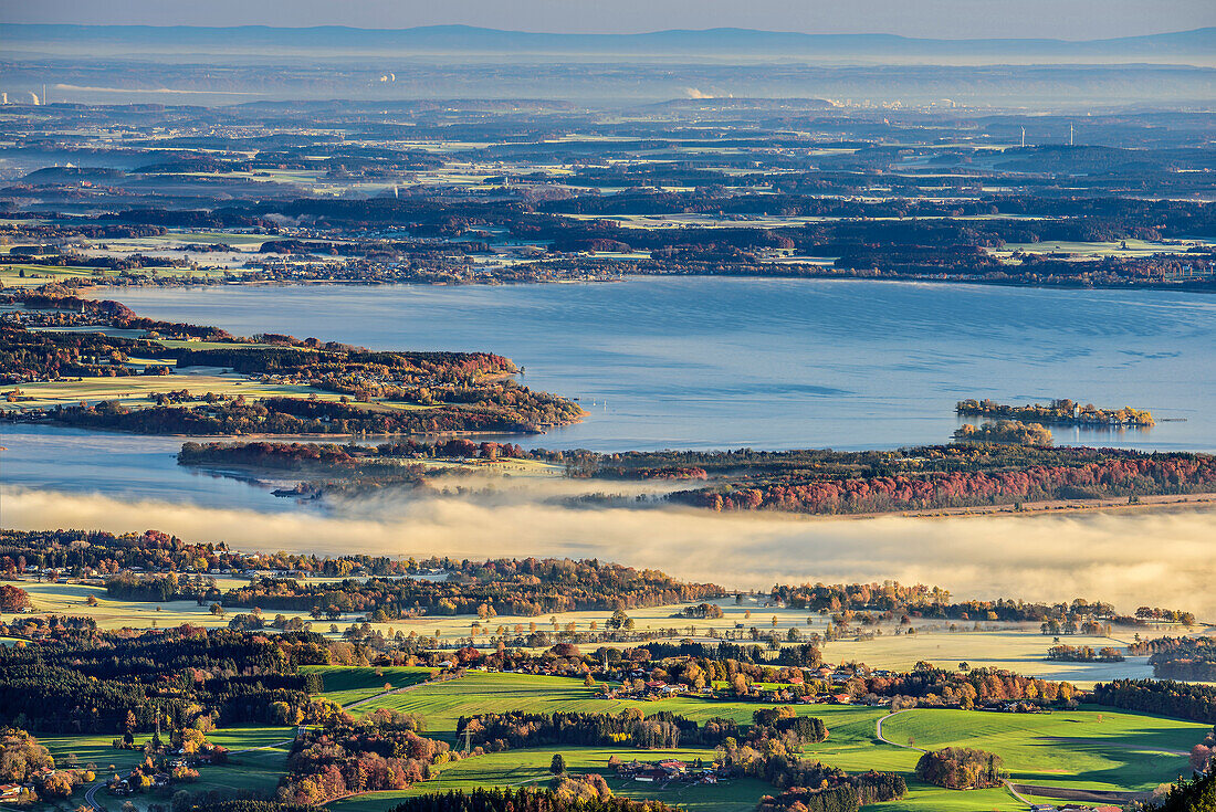 Morning mood with fog above lake Chiemsee, view from Hochries, Hochries, Chiemgau, Chiemgau Alps, Upper Bavaria, Bavaria, Germany